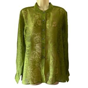 Chico’s 2 Green Burnout Blouse Woman Size 12 Band Collar Convertible Sleeves